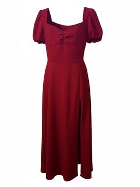 Alexia Admor Deep Red Midi Dress with Puff Sleeves and Side Slit
